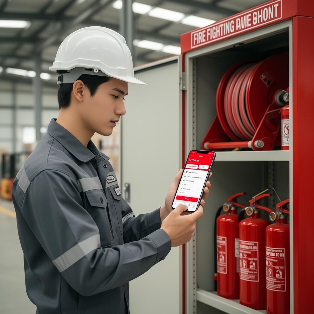 Field inspector scanning emergency equipment with EEIMS